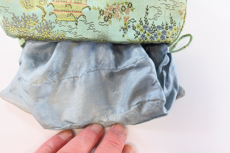 Vintage Japanese Green Silk Metallic Silk Decorated Clutch with Snap Closure