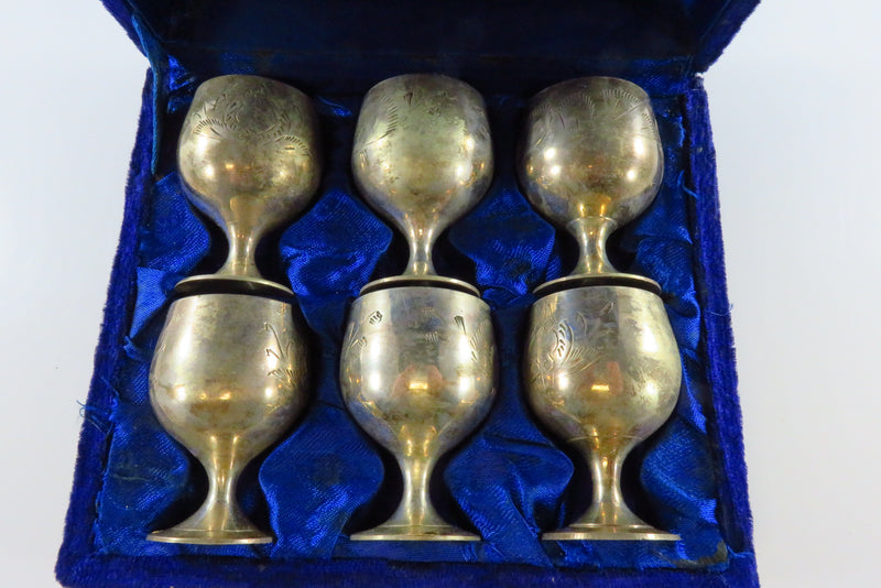 Etched Wine Cup Brandy Cordial Goblet Blue Cased Set of 6 - 1960s Silver-plated