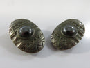Clip On Earrings Silver Tone Oval Faux Hematite Cabochon Tribal Etched Native American Style