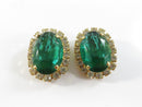 Kirk's Folly Signed Emerald Green Glass Oval with Clear Rhinestone Halo Gold Tone Clip On Earrings Pair