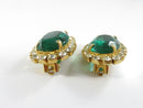 Kirk's Folly Signed Emerald Green Glass Oval with Clear Rhinestone Halo Gold Tone Clip On Earrings Pair