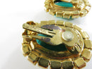 Kirk's Folly Signed Emerald Green Glass Oval with Clear Rhinestone Halo Gold Tone Clip On Earrings Pair