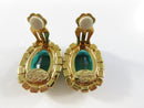 Kirk's Folly Signed Emerald Green Glass Oval with Clear Rhinestone Halo Gold Tone Clip On Earrings Pair