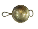 Vintage metal tea strainer with handles on a white background