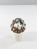 Sterling Silver 925 Basket Weave Knot Statement Ring Freshwater Pearl Center Designer S Mark Size 6 3/4