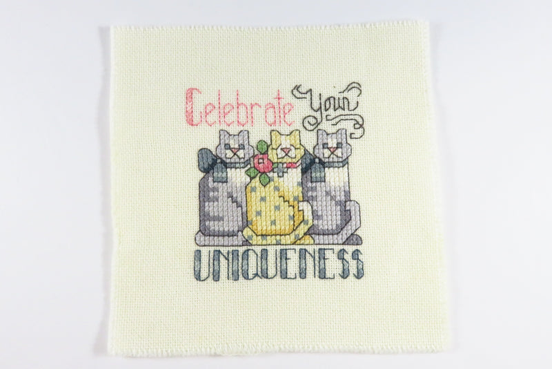 Small Completed Cat Themed Needlepoint Celebrate You Uniqueness 4 3/4" x 4 3/4"