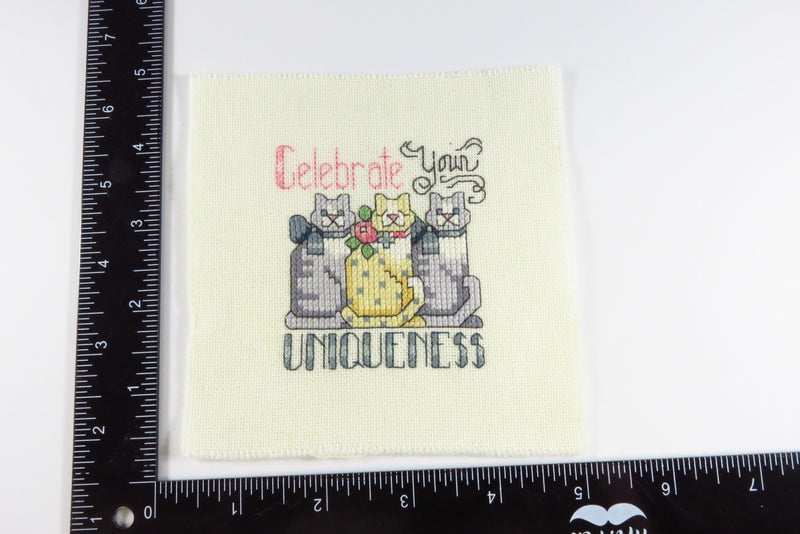 Small Completed Cat Themed Needlepoint Celebrate You Uniqueness 4 3/4" x 4 3/4"
