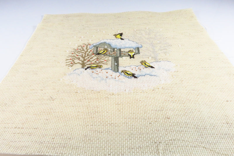 Small Completed Bird Winter Themed Needlepoint 8 3/4" x 8 3/4"