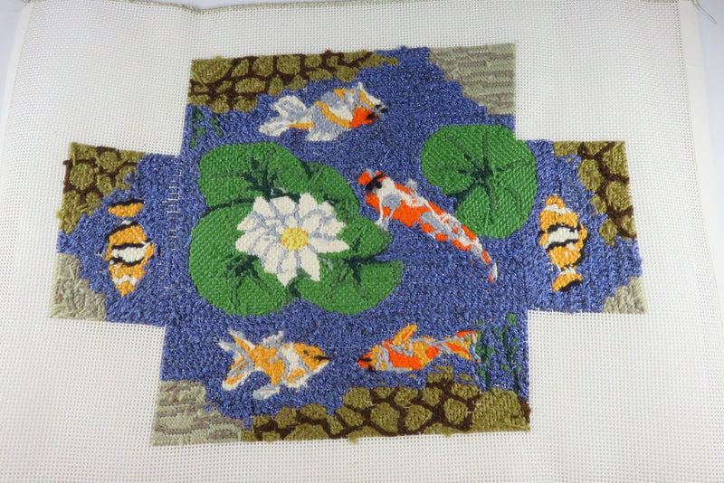 Medium Completed Koi Pond Brick Pattern Needlepoint Canvas 17" x 12"