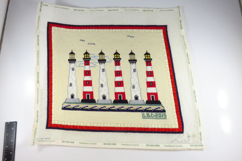 Medium Completed 6 Lighthouse Themed Needlepoint Canvas 14" x 13"