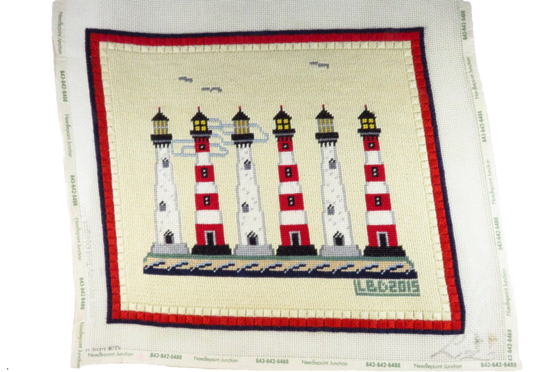 Medium Completed 6 Lighthouse Themed Needlepoint Canvas 14" x 13"