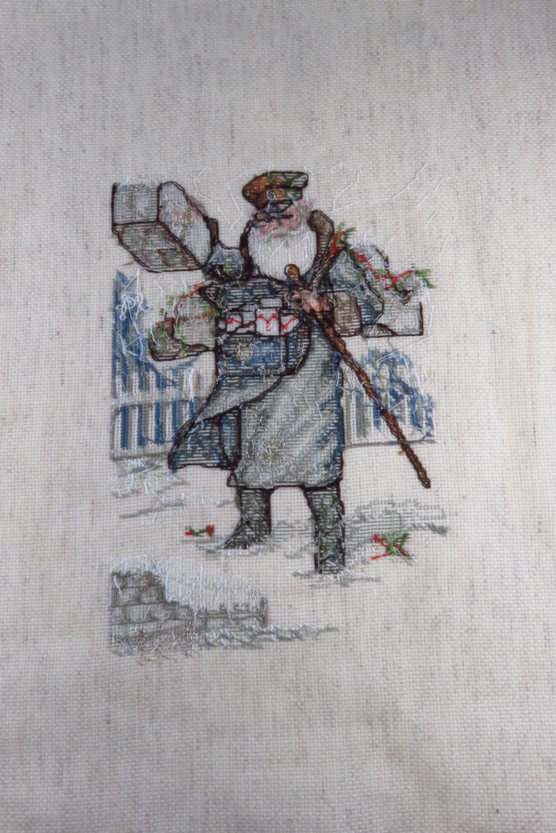 Medium Completed Old Father Christmas Victorian Style Needlepoint Canvas