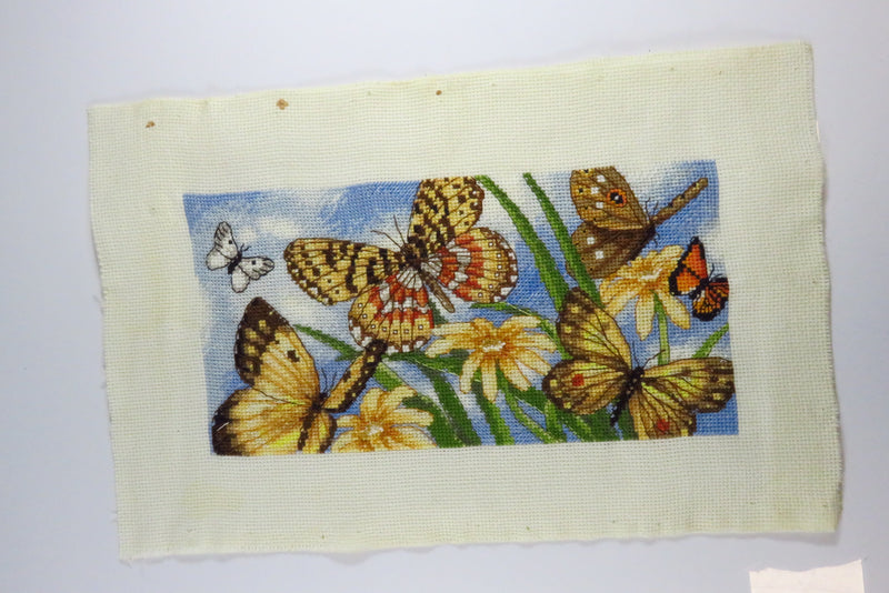 Small Completed Butterfly Needlepoint Scene 8 3/4" x 4"