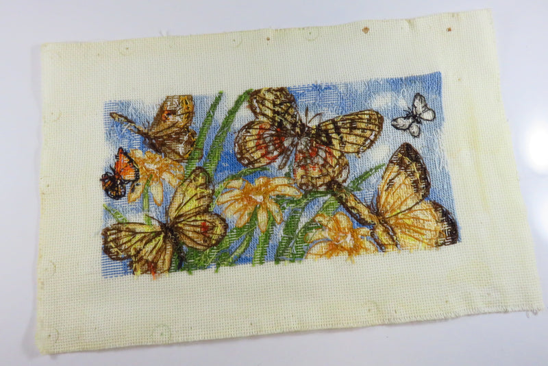 Small Completed Butterfly Needlepoint Scene 8 3/4" x 4"