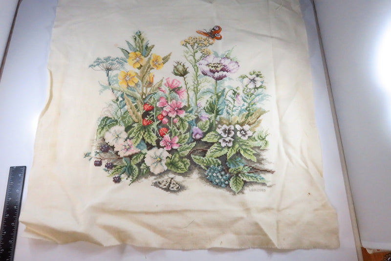 Large Finished Needlepoint Canvas with Flower Decor and Butterfly C2003
