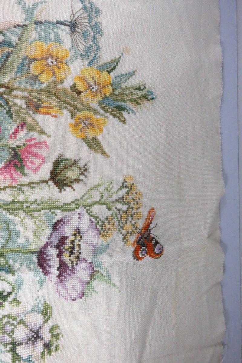 Large Finished Needlepoint Canvas with Flower Decor and Butterfly C2003