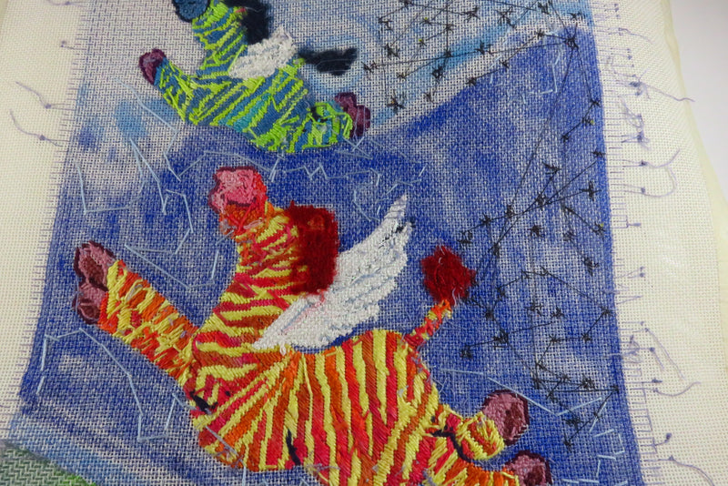 Partially Completed Needlepoint Flying Zebra's Colorful Approx 12x16