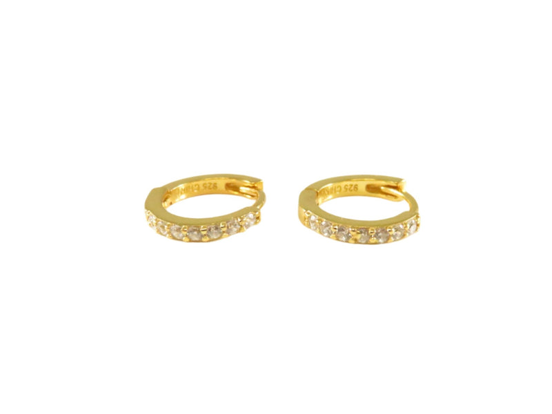 Sterling Silver Petite Hoop Earrings | CZ Accents | Huggie Style — Gold, Sterling Silver — front view