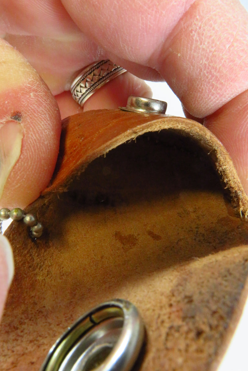 Vintage Handmade Leather Keychain Coin Stash Purse Honduras. Inside view.