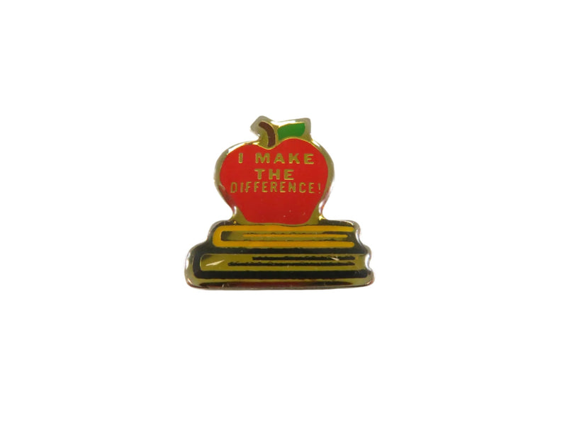 Vintage Teacher Appreciation Pin | Apple & Book Design | "I Make a Difference" — Silver, Enamel — front view