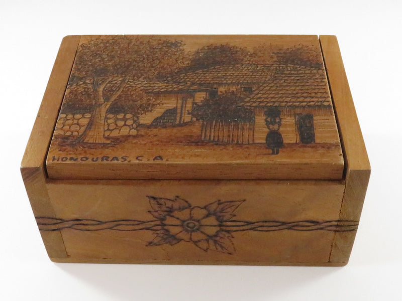 Honduras. C. A. Wood Jewelry Trinket Box With Village Scene and Flowers