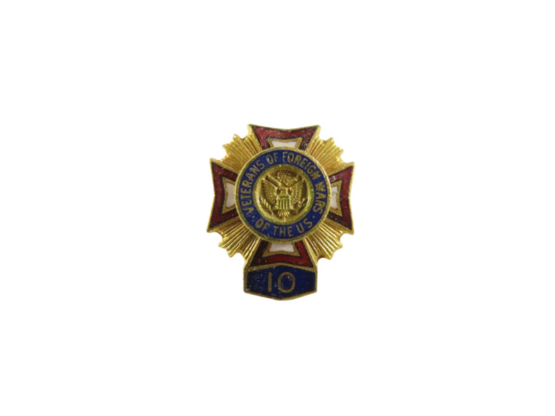 Vintage VFW 10-Year Membership Pin | Gold Tone, Red Enamel, US Veteran