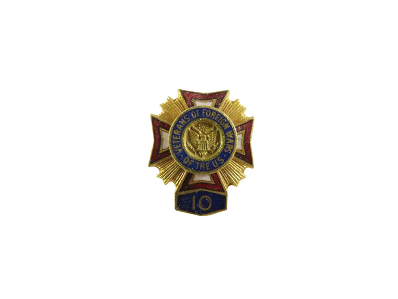 Vintage VFW 10-Year Membership Pin | Gold Tone, Red Enamel, US Veteran — Gold, Enamel — front view