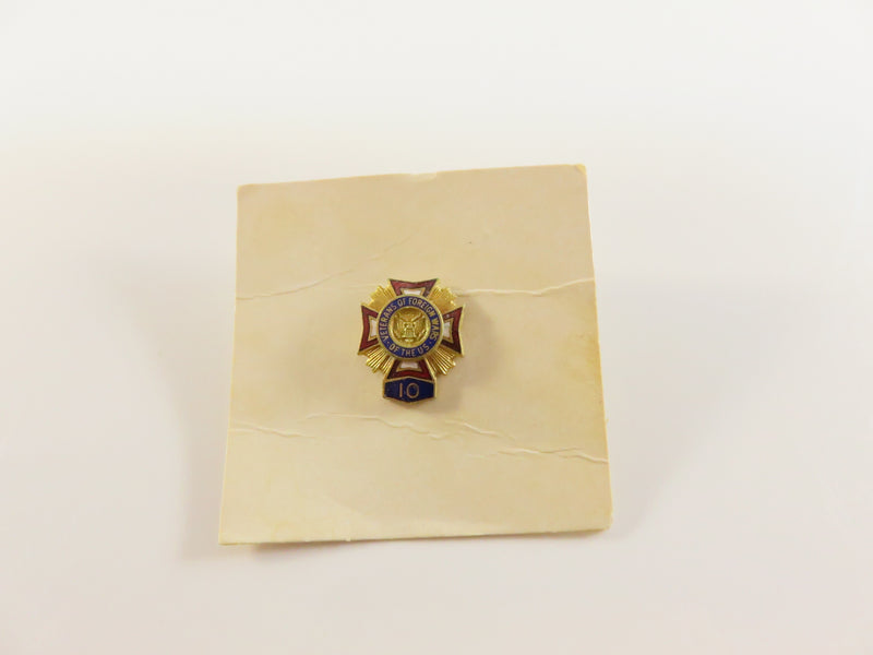 Vintage VFW 10-Year Membership Pin | Gold Tone, Red Enamel, US Veteran