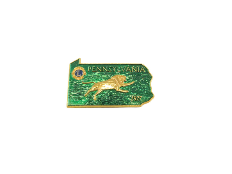 Vintage 1977 PA Lions Club Pin | Running Lion, State Shape | Green Enamel — Gold, Enamel — front view