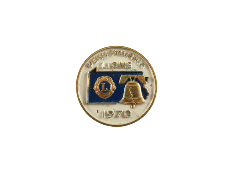 Vintage 1970 PA Lions Club Pin | Liberty Bell, State Map | Philadelphia — Gold — front view