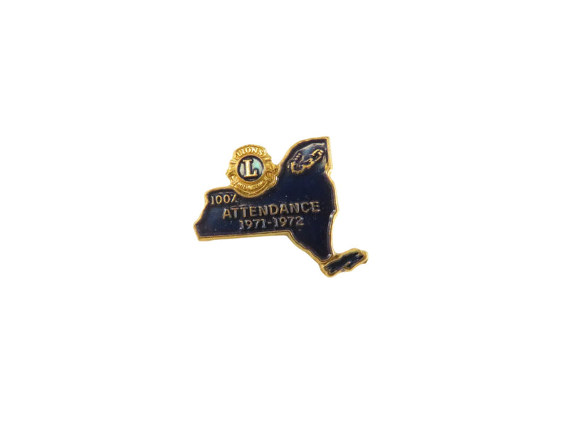 Vintage Lions Club 100% Attendance Pin | NY State Shape, 1971-72 — Gold, Enamel — front view