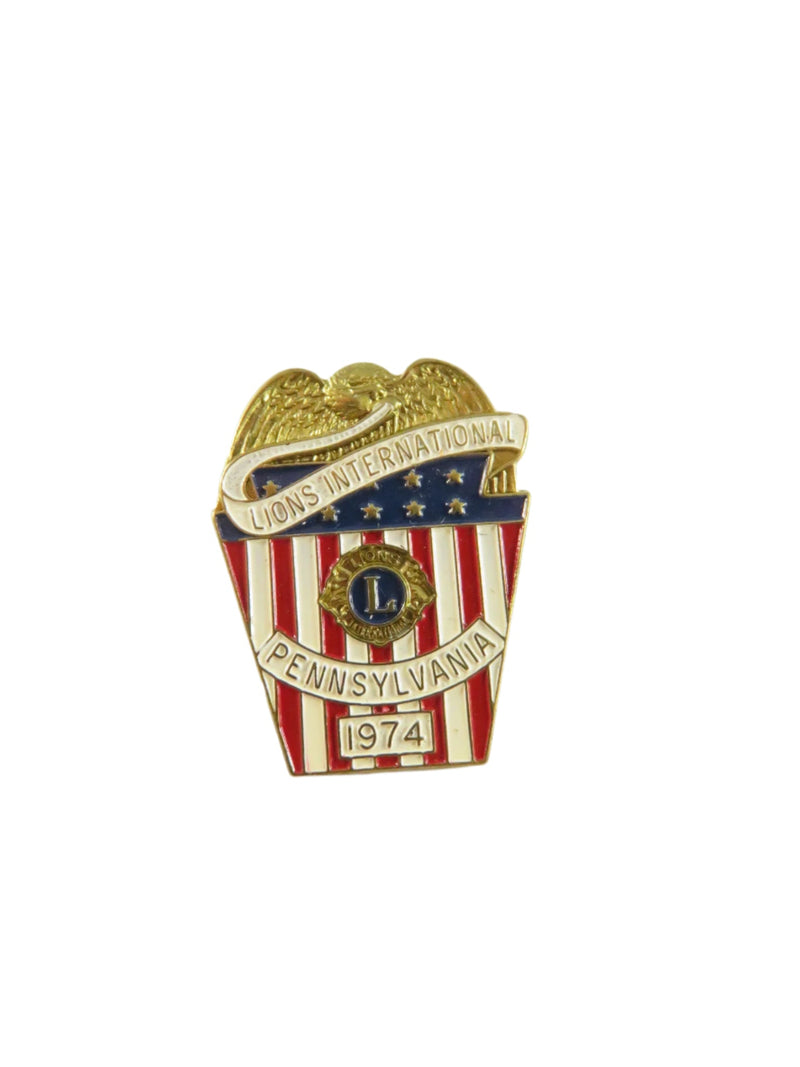 Vintage 1974 PA Lions Club Pin | Patriotic Shield Design | Red White Blue — Gold, Enamel — front view