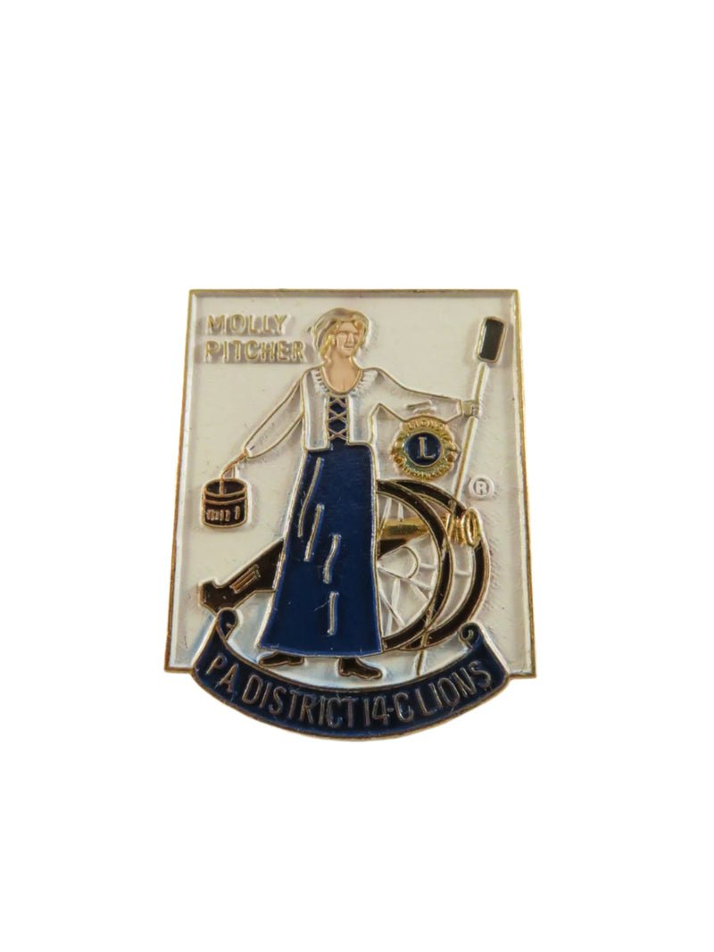 Vintage PA Lions Club Molly Pitcher Pin | District 14-C | Revolutionary War Heroine — Gold, Enamel — front view