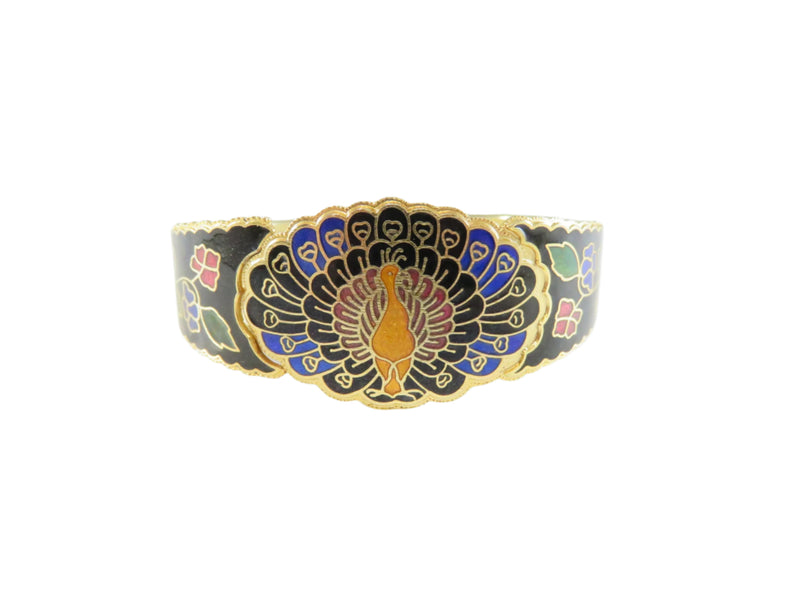 Vintage Peacock Cloisonne Enamel Bangle Bracelet, Gold Tone, 7" ID, Statement Jewelry