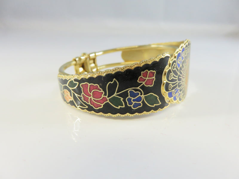 Vintage Peacock Cloisonne Enamel Bangle Bracelet, Gold Tone, 7" ID, Statement Jewelry