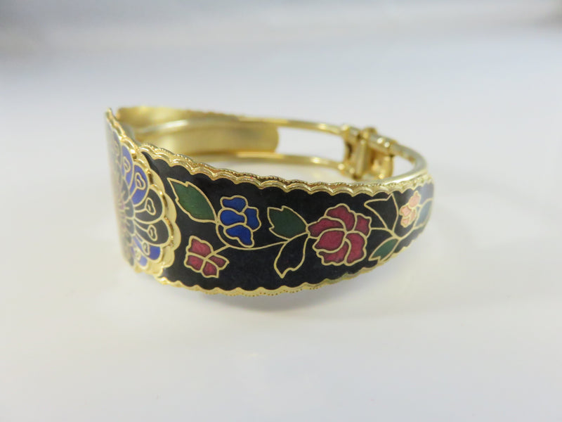 Vintage Peacock Cloisonne Enamel Bangle Bracelet, Gold Tone, 7" ID, Statement Jewelry