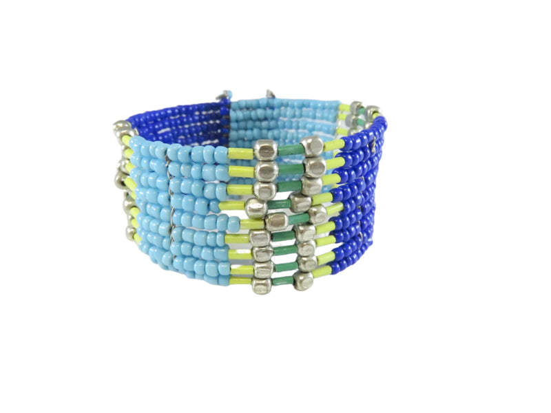 Beaded Cuff Bracelet, Blue Glass Beads, Metal Accents, 7.25" TL, Open Cuff, Boho Jewelry