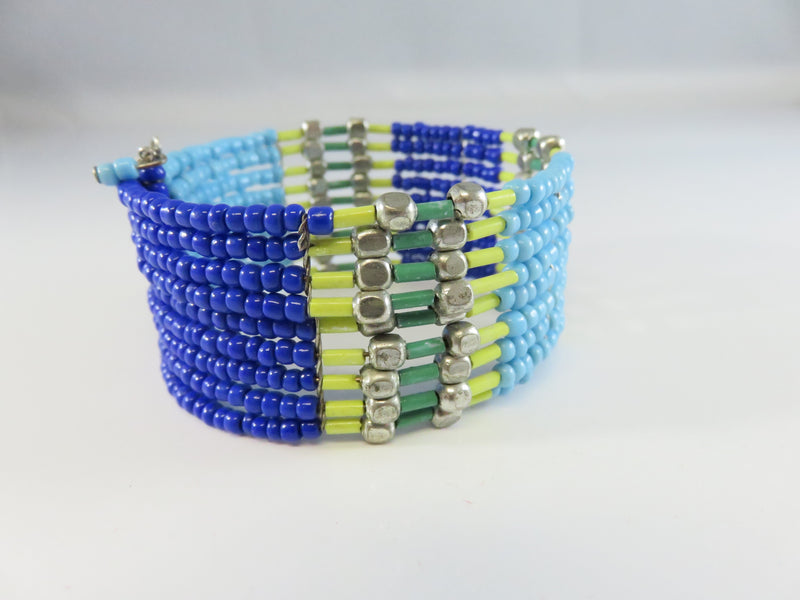 Beaded Cuff Bracelet, Blue Glass Beads, Metal Accents, 7.25" TL, Open Cuff, Boho Jewelry