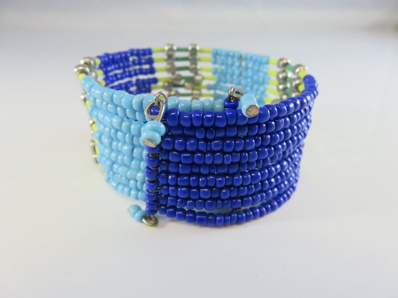 Beaded Cuff Bracelet, Blue Glass Beads, Metal Accents, 7.25" TL, Open Cuff, Boho Jewelry