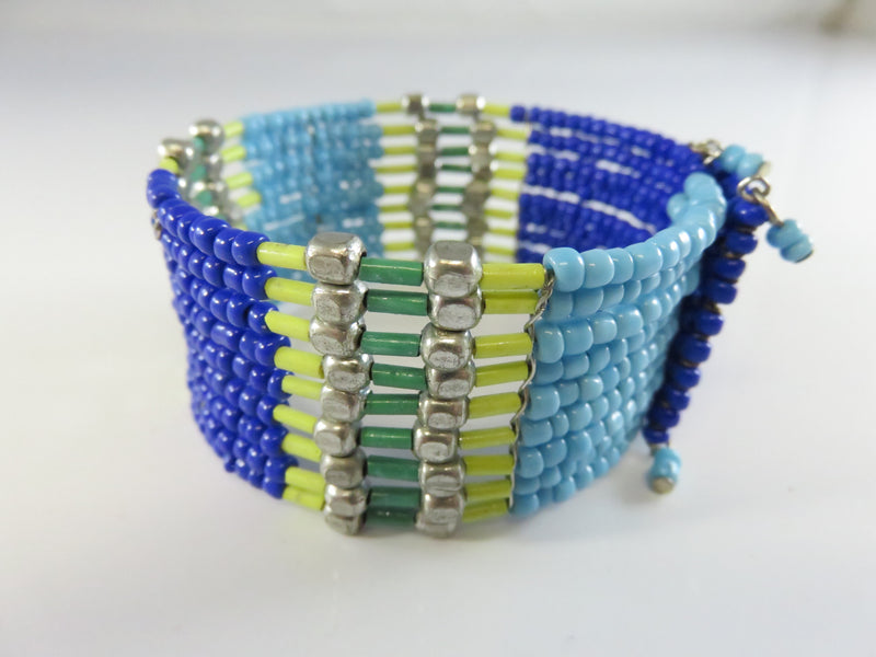 Beaded Cuff Bracelet, Blue Glass Beads, Metal Accents, 7.25" TL, Open Cuff, Boho Jewelry