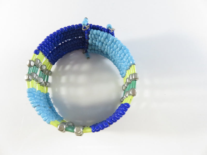 Beaded Cuff Bracelet, Blue Glass Beads, Metal Accents, 7.25" TL, Open Cuff, Boho Jewelry