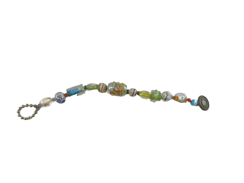 Vintage Blown Glass Bead Bracelet, Colorful Lampwork Beads, Wire Threaded, Button Closure