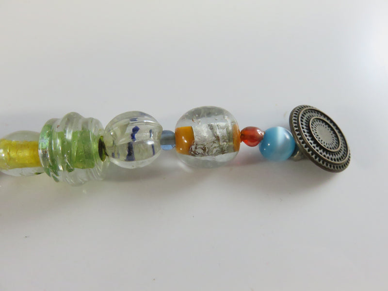 Vintage Blown Glass Bead Bracelet, Colorful Lampwork Beads, Wire Threaded, Button Closure