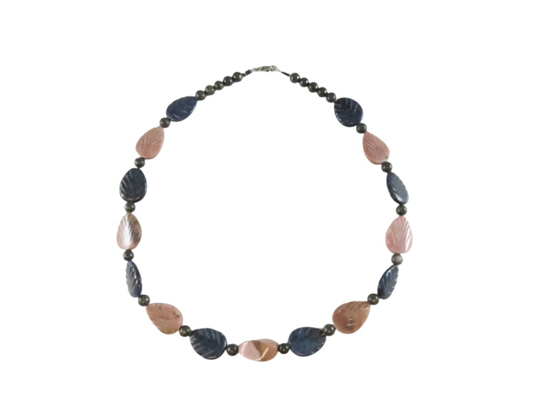 Pink Blue Polished Stone Necklace, Leaf & Ball Beads, Abstract Center Stone, Wire Threaded, 19"