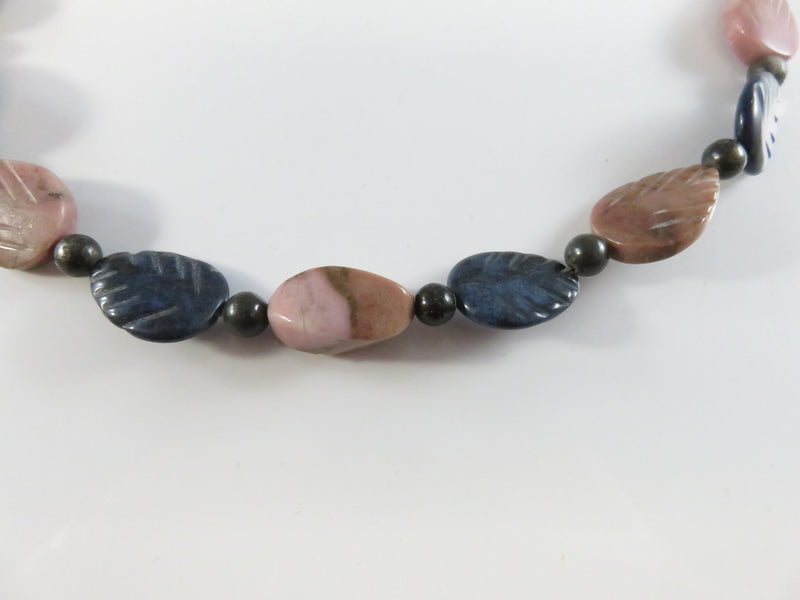 Pink Blue Polished Stone Necklace, Leaf & Ball Beads, Abstract Center Stone, Wire Threaded, 19"