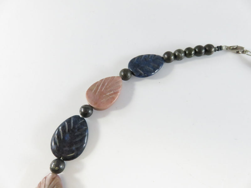 Pink Blue Polished Stone Necklace, Leaf & Ball Beads, Abstract Center Stone, Wire Threaded, 19"