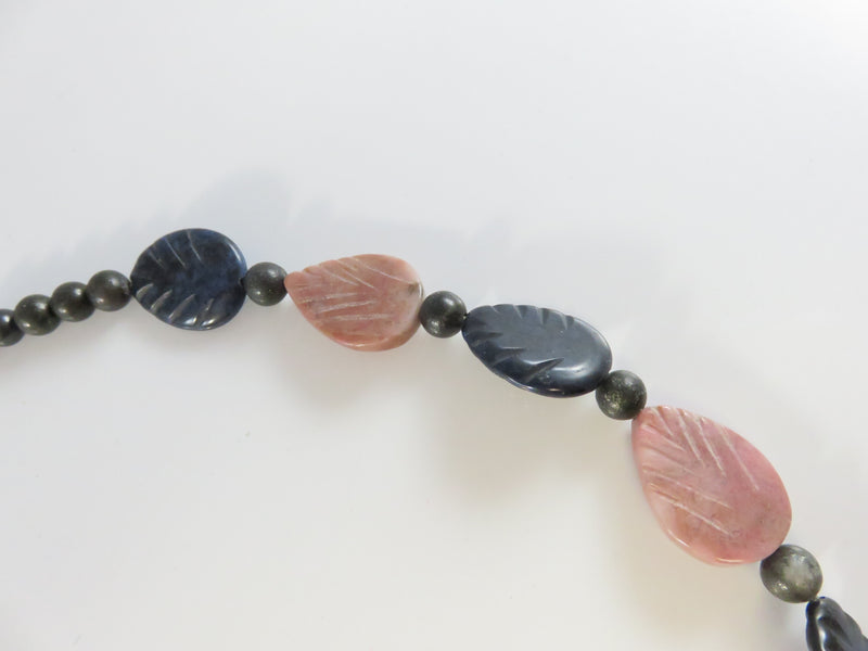 Pink Blue Polished Stone Necklace, Leaf & Ball Beads, Abstract Center Stone, Wire Threaded, 19"