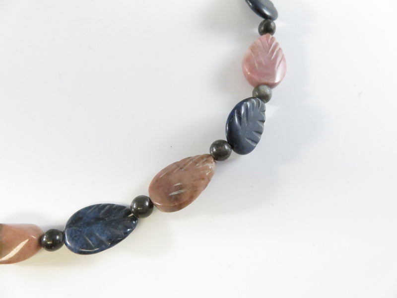 Pink Blue Polished Stone Necklace, Leaf & Ball Beads, Abstract Center Stone, Wire Threaded, 19"