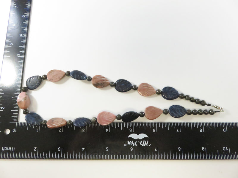 Pink Blue Polished Stone Necklace, Leaf & Ball Beads, Abstract Center Stone, Wire Threaded, 19"