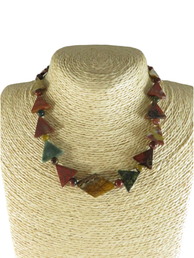 Polished Stone Choker Necklace, Triangle & Ball Beads, Diamond Shape Center, 16"